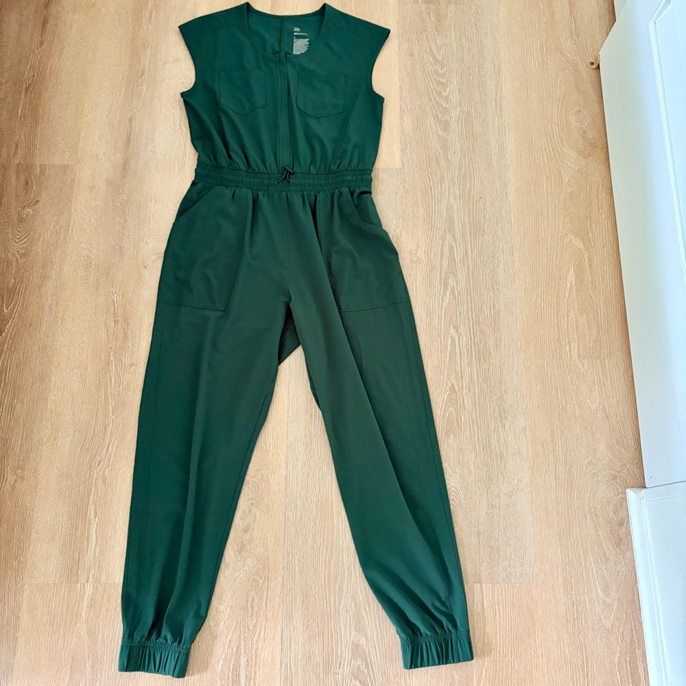 all in motion Deep Green Sleeveless Drawstring Stretch Jumpsuit-Small